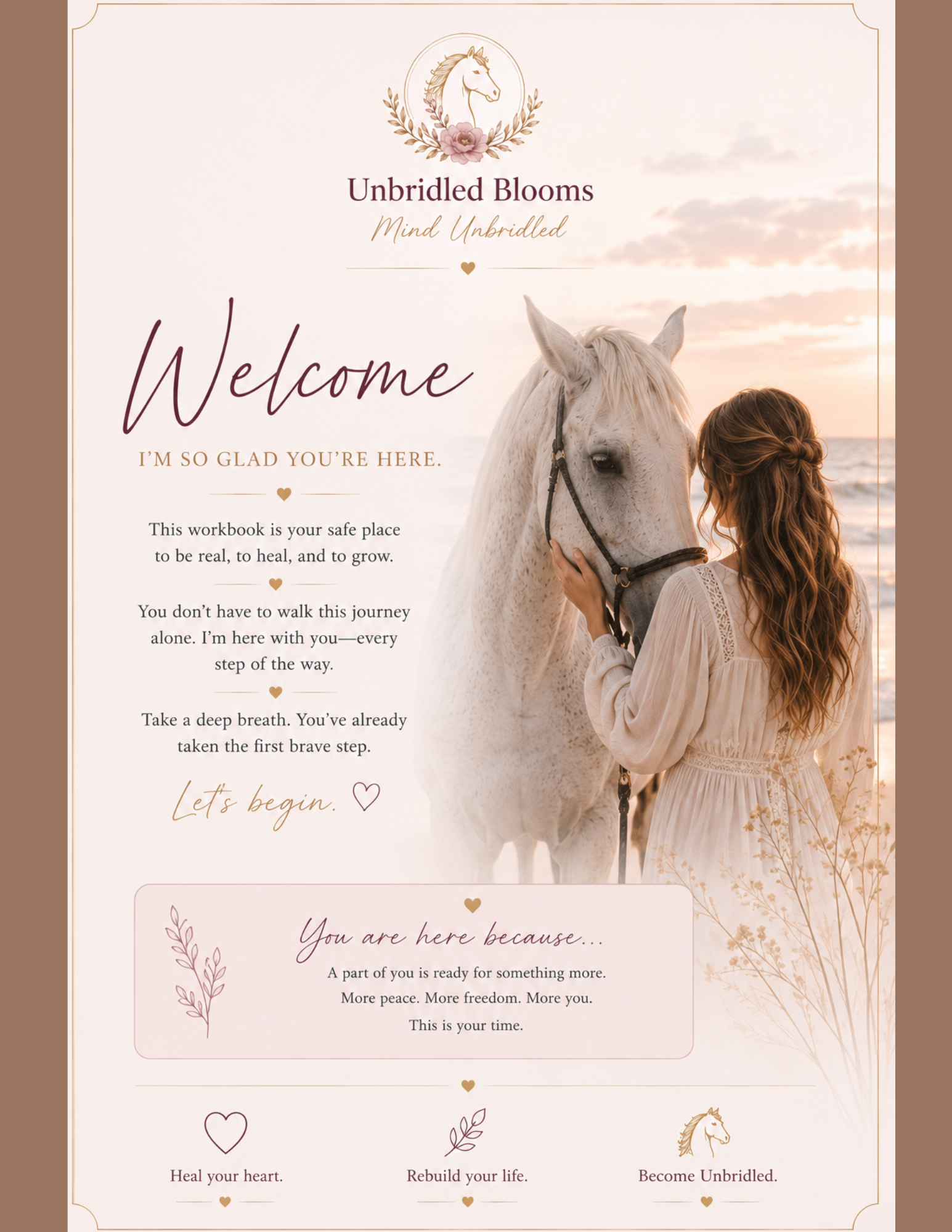 Workbook welcome page with a woman and white horse at sunrise