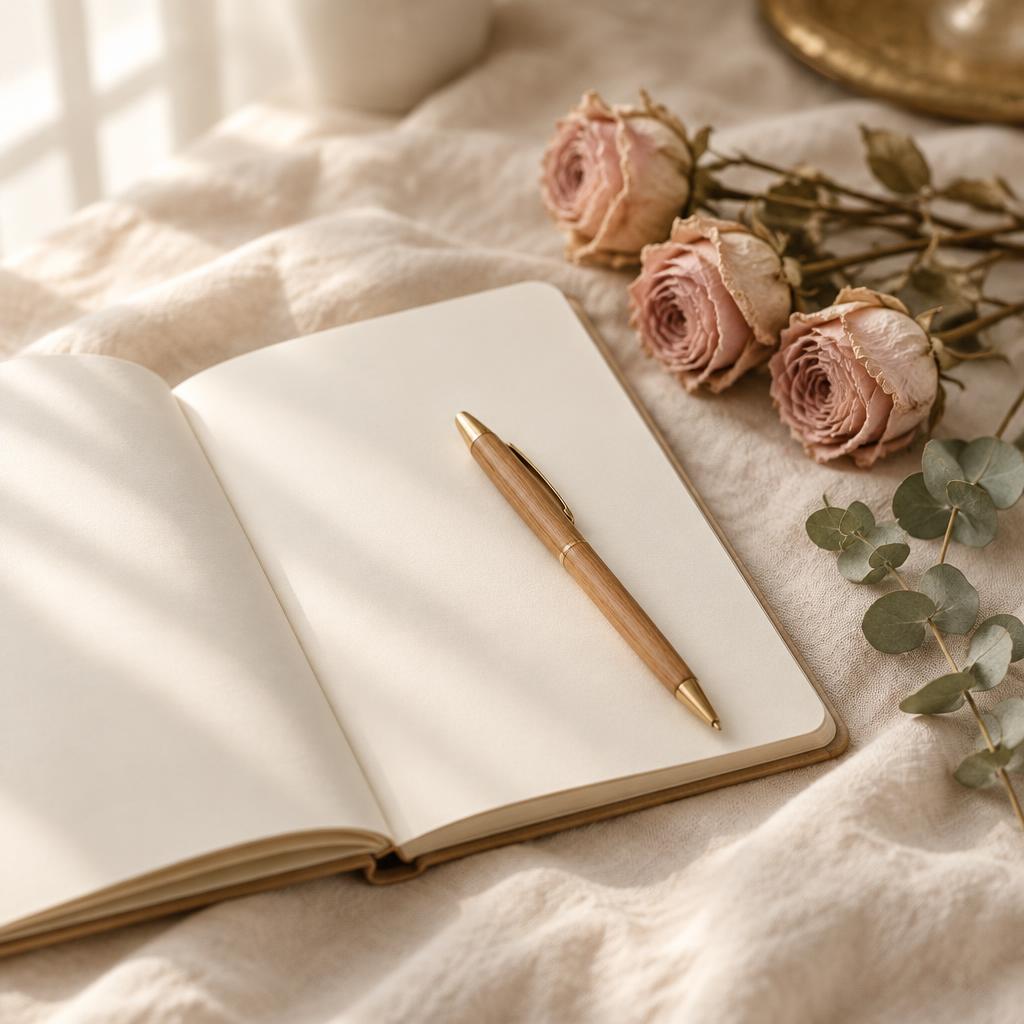 An open notebook and a pen resting on soft cream linen
