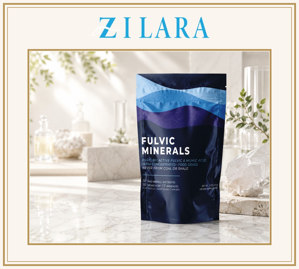 The real Zilara Fulvic Minerals pouch with the Zilara logo above it