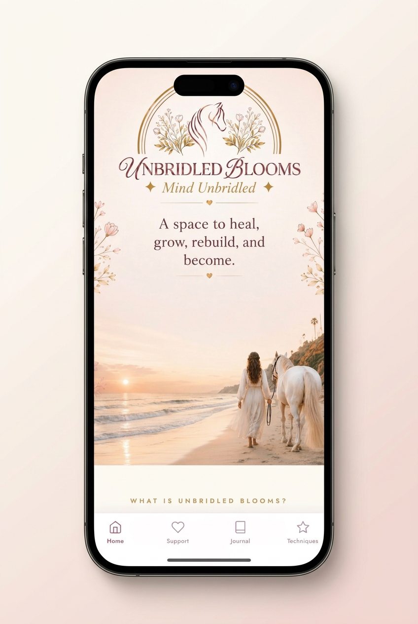 Unbridled Blooms app shown on a phone