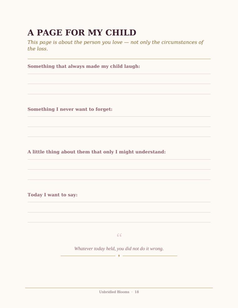 Workbook page titled 'A page for my child' with writing lines